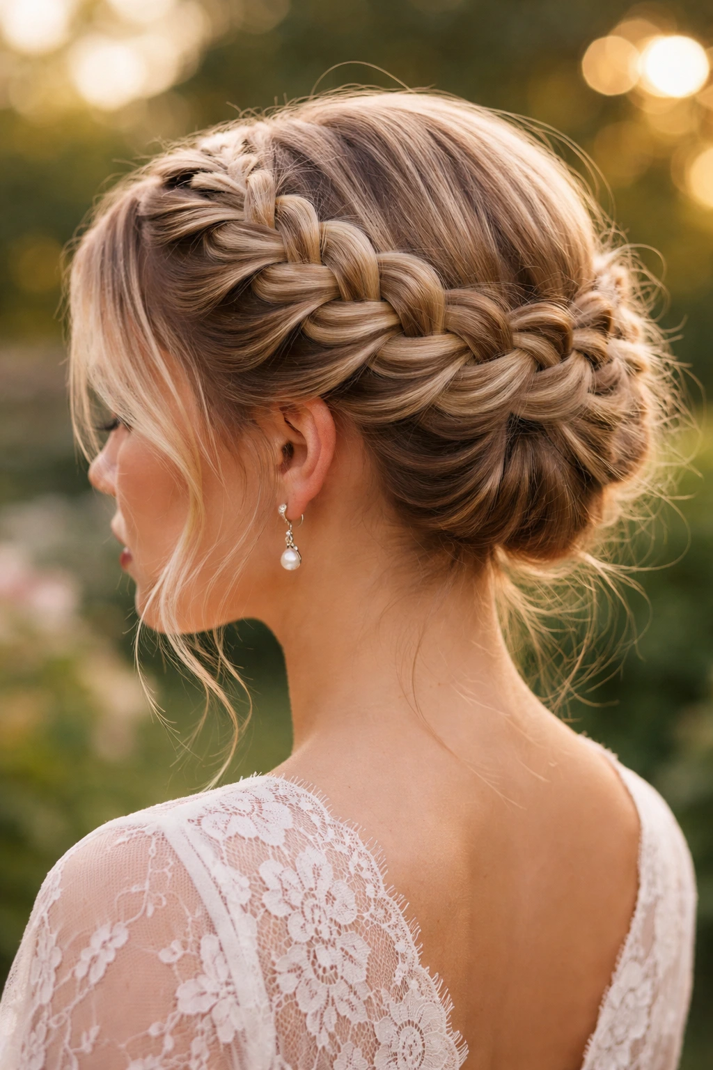 Close-up of a person with a Dutch braid crown hairstyle