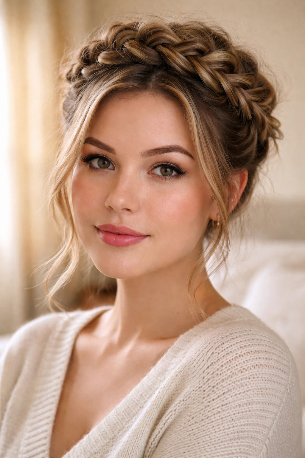 Close-up portrait of a real woman with a high messy Dutch braid crown in warm window light