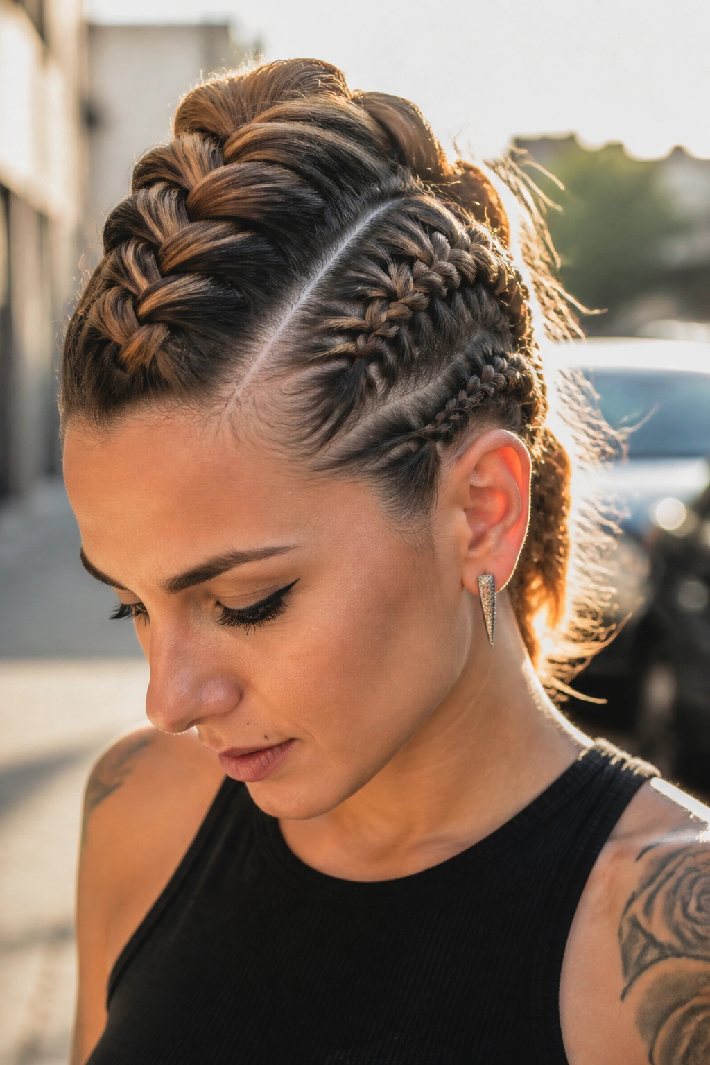 Real woman with a Dutch braid faux hawk