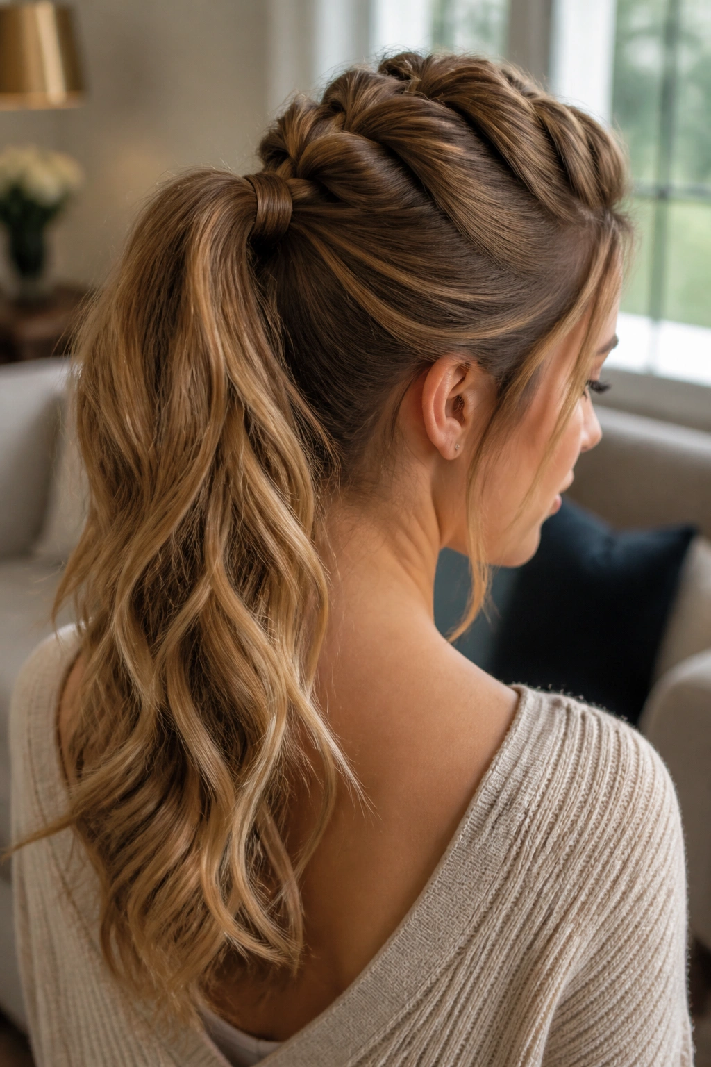Close-up of a woman with a Dutch-braided half-up ponytail.