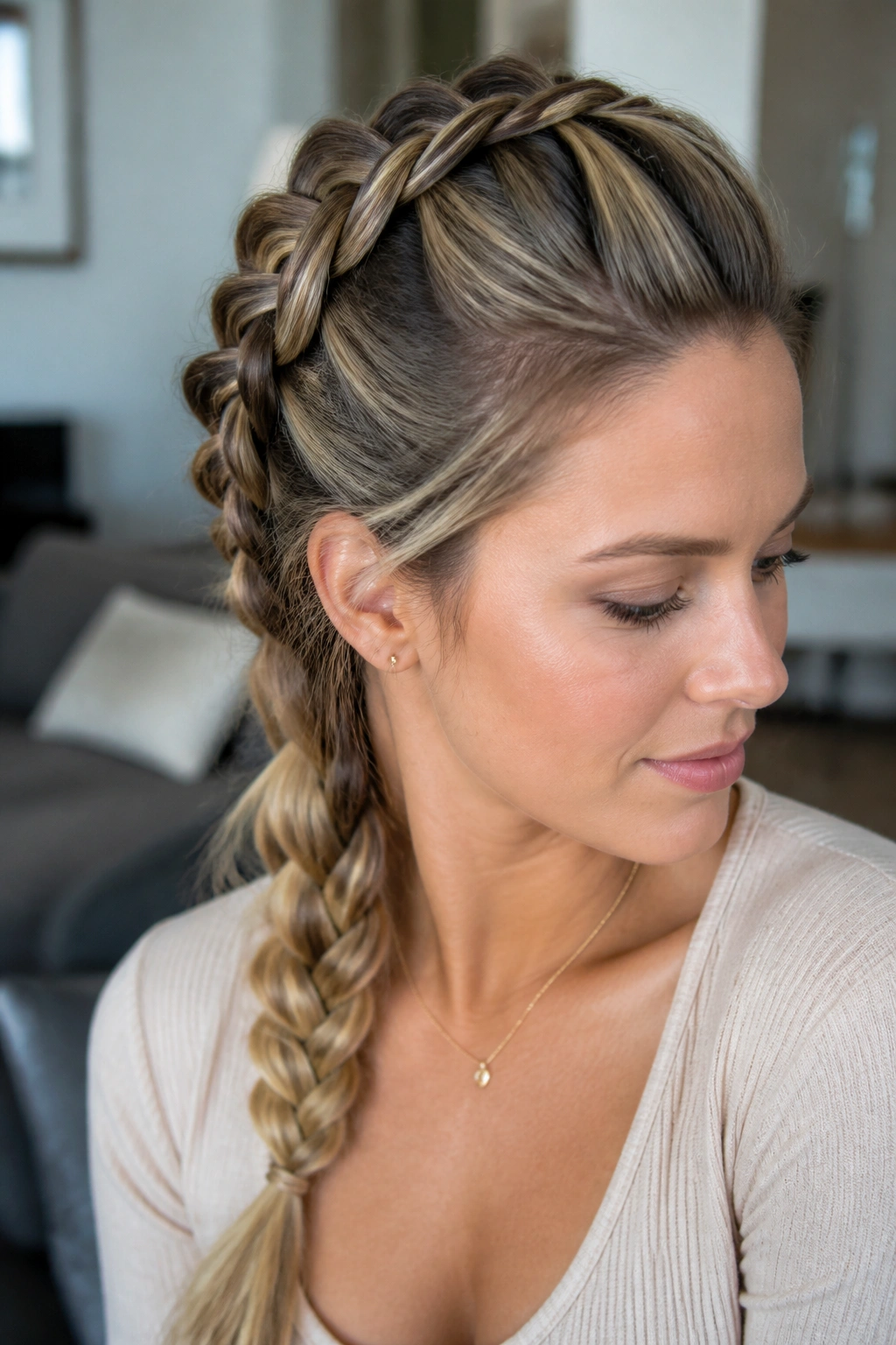Close-up of real woman's head showing a Dutch braid with built-in lift