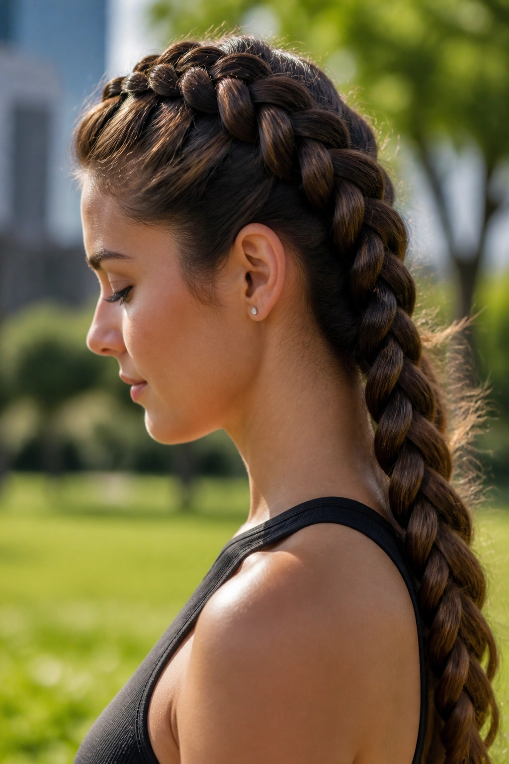 Profile view of a real woman with a Dutch braid on the scalp