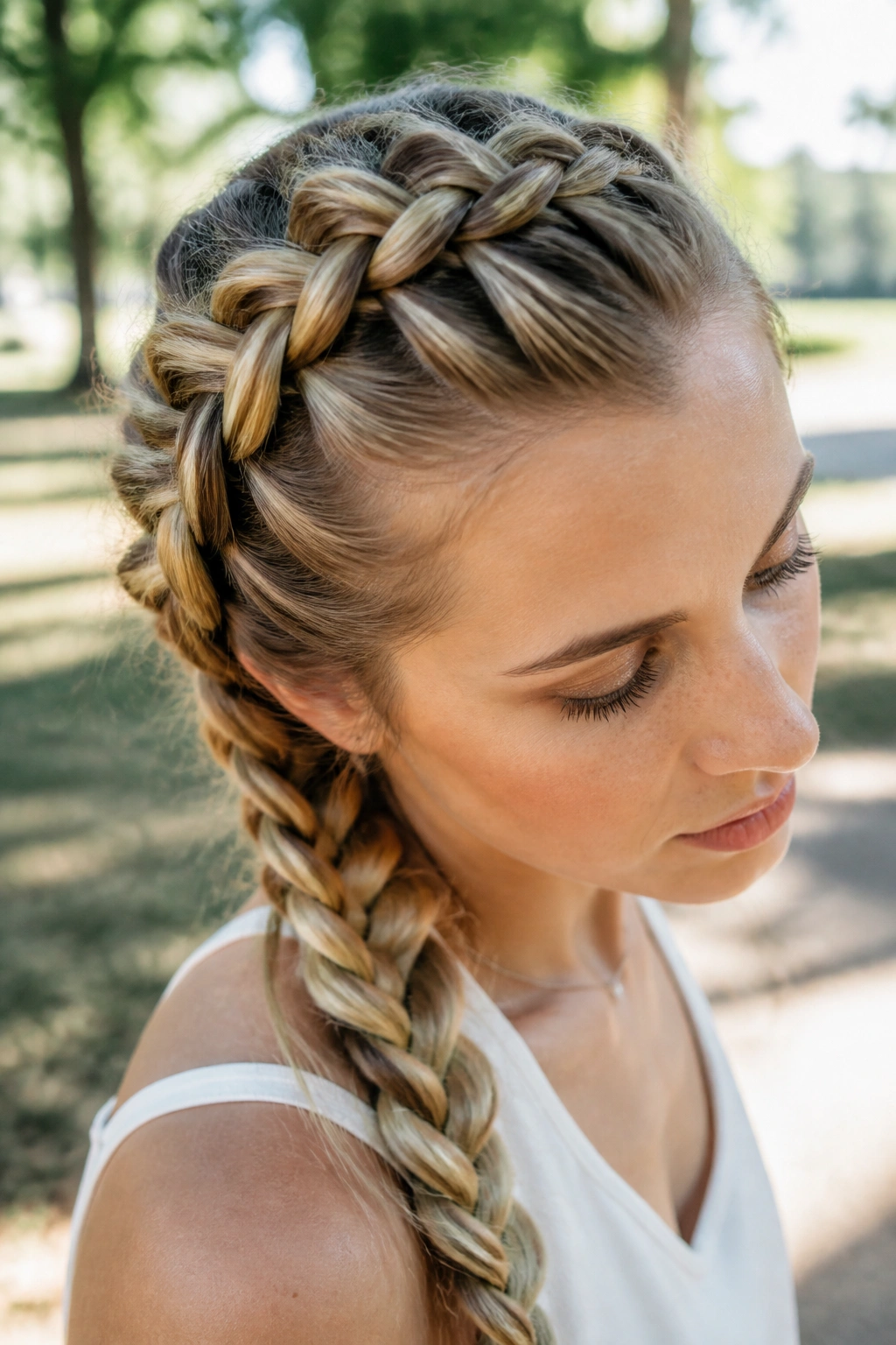 Close-up of a real woman with a Dutch braid on top of her hair.