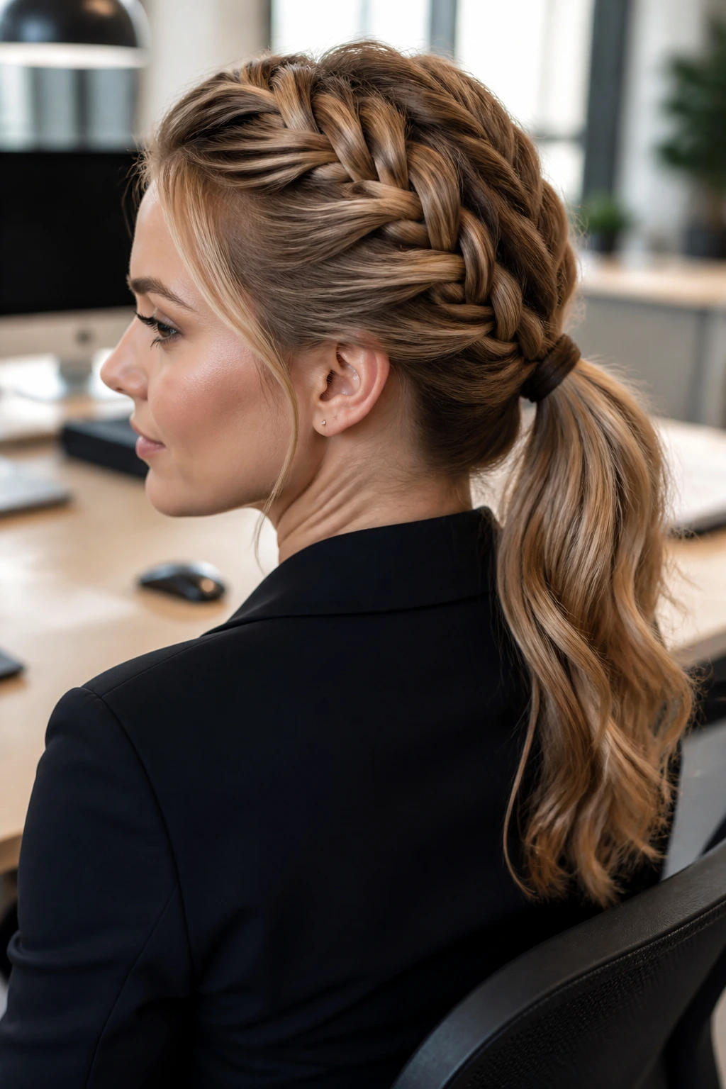 Portrait of a real woman with a Dutch braid leading to a low ponytail in an office