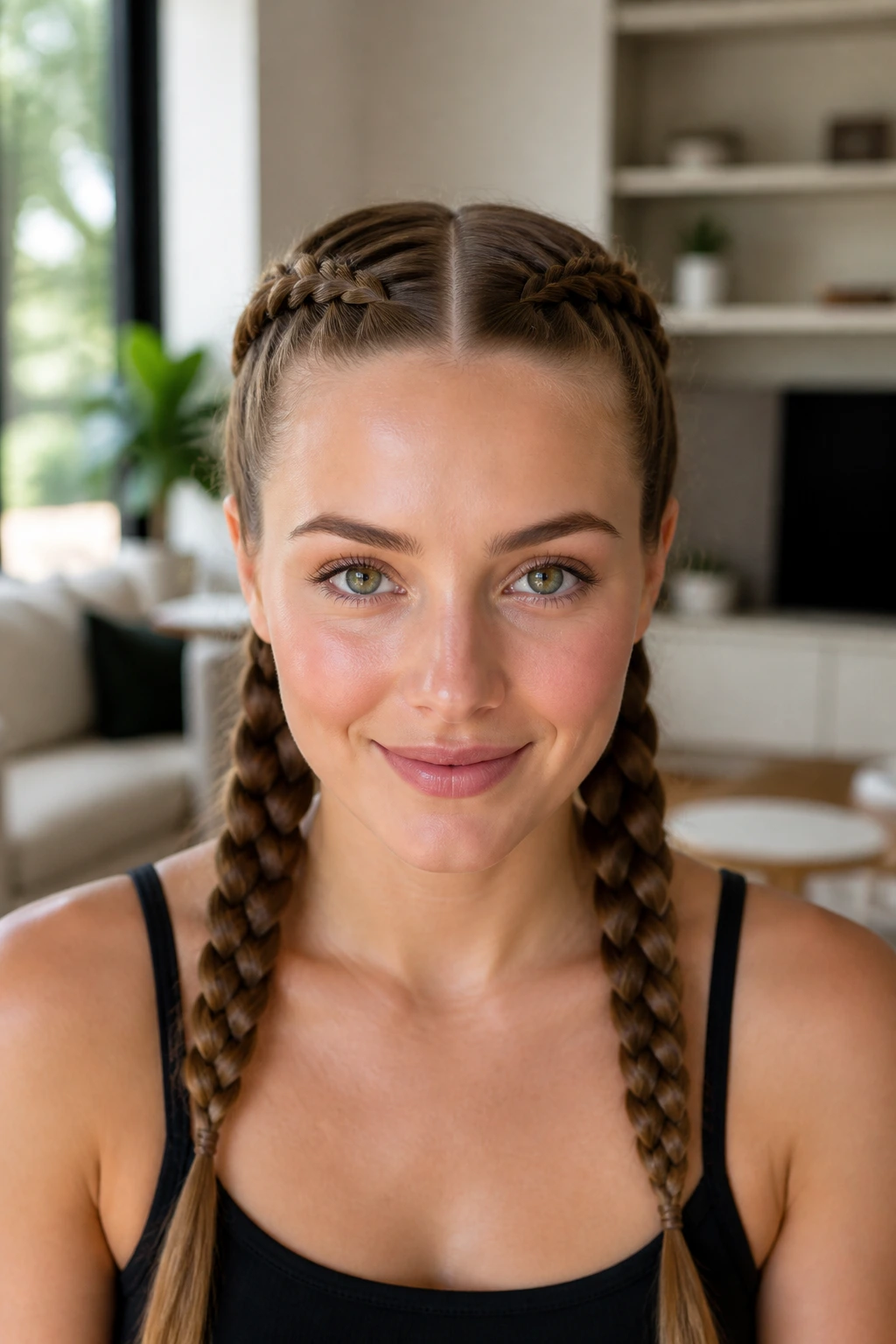 Portrait of a real woman with two Dutch braids on either side of the head
