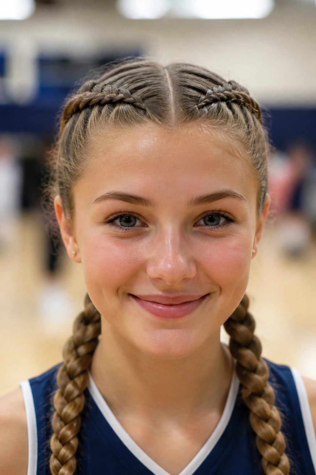 Close-up portrait of a real student with two Dutch braids in pigtails.