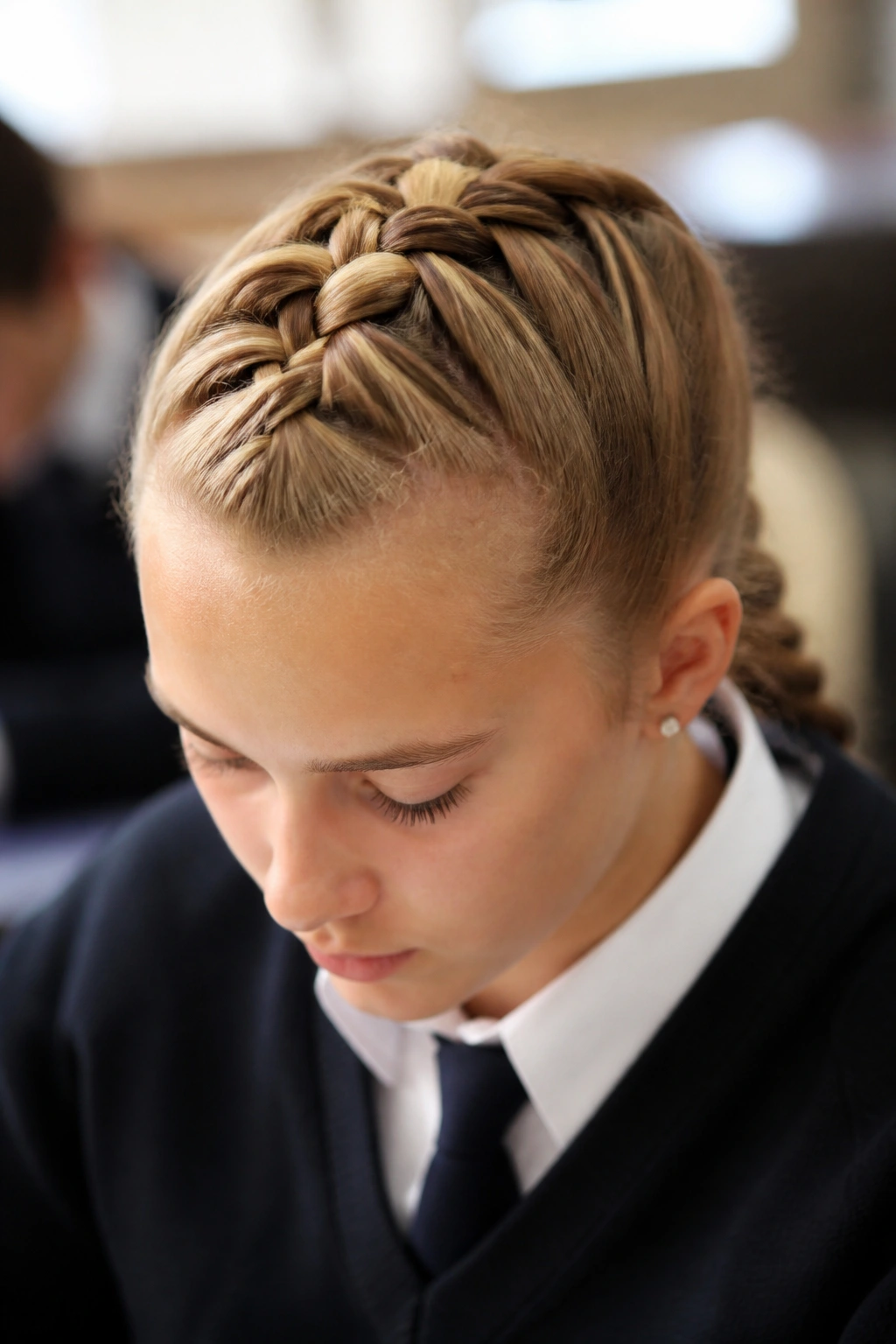 Close-up of a real student with a raised Dutch braid in a classroom.