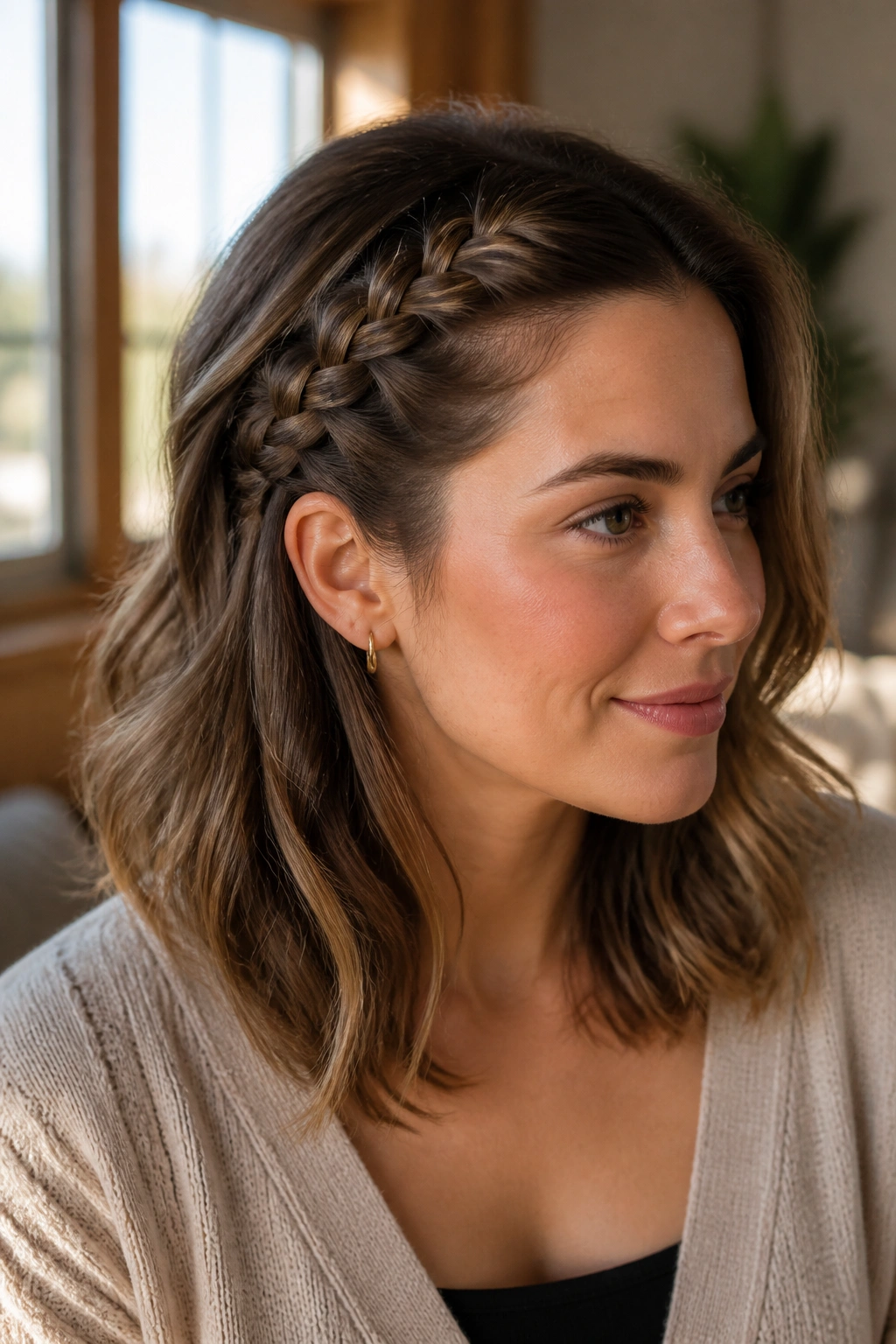 Close-up of a real woman with a soft Dutch braid ending at the temples
