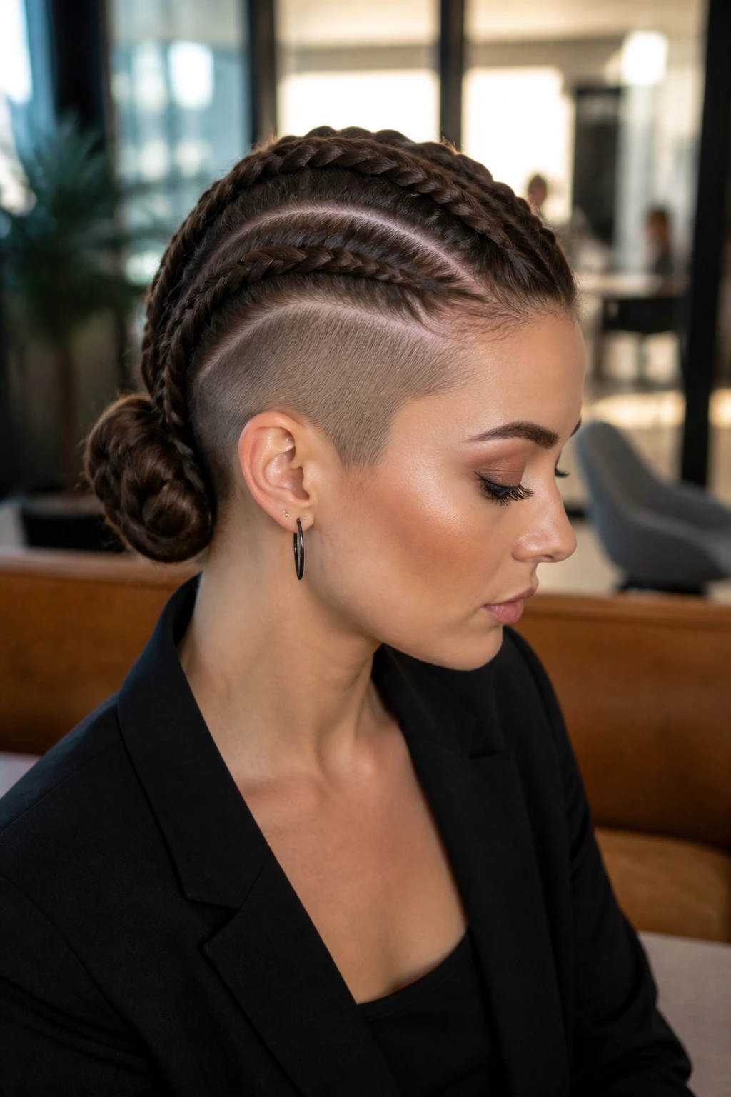 Portrait of a real woman with Dutch braids forming a low wrapped bun and shaved sides