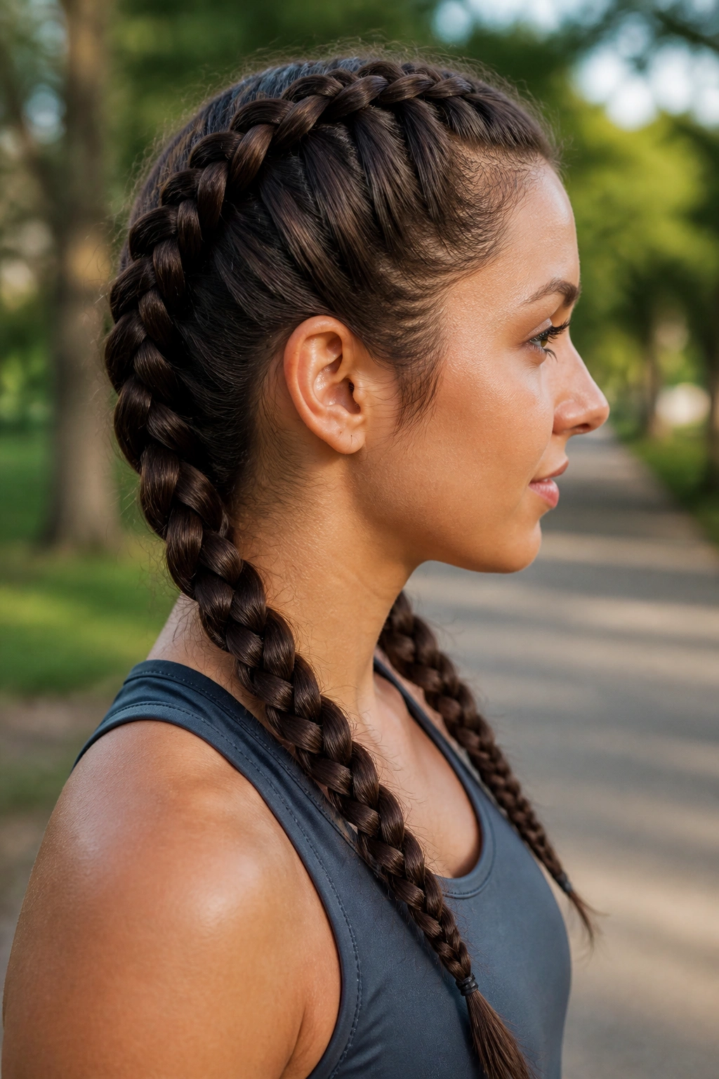 Side profile of a real person with Dutch braids along the scalp in daylight
