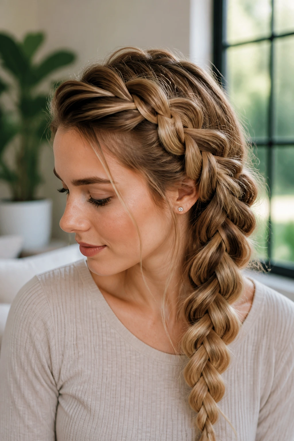 Close-up portrait of a real woman with a lifted Dutch side braid