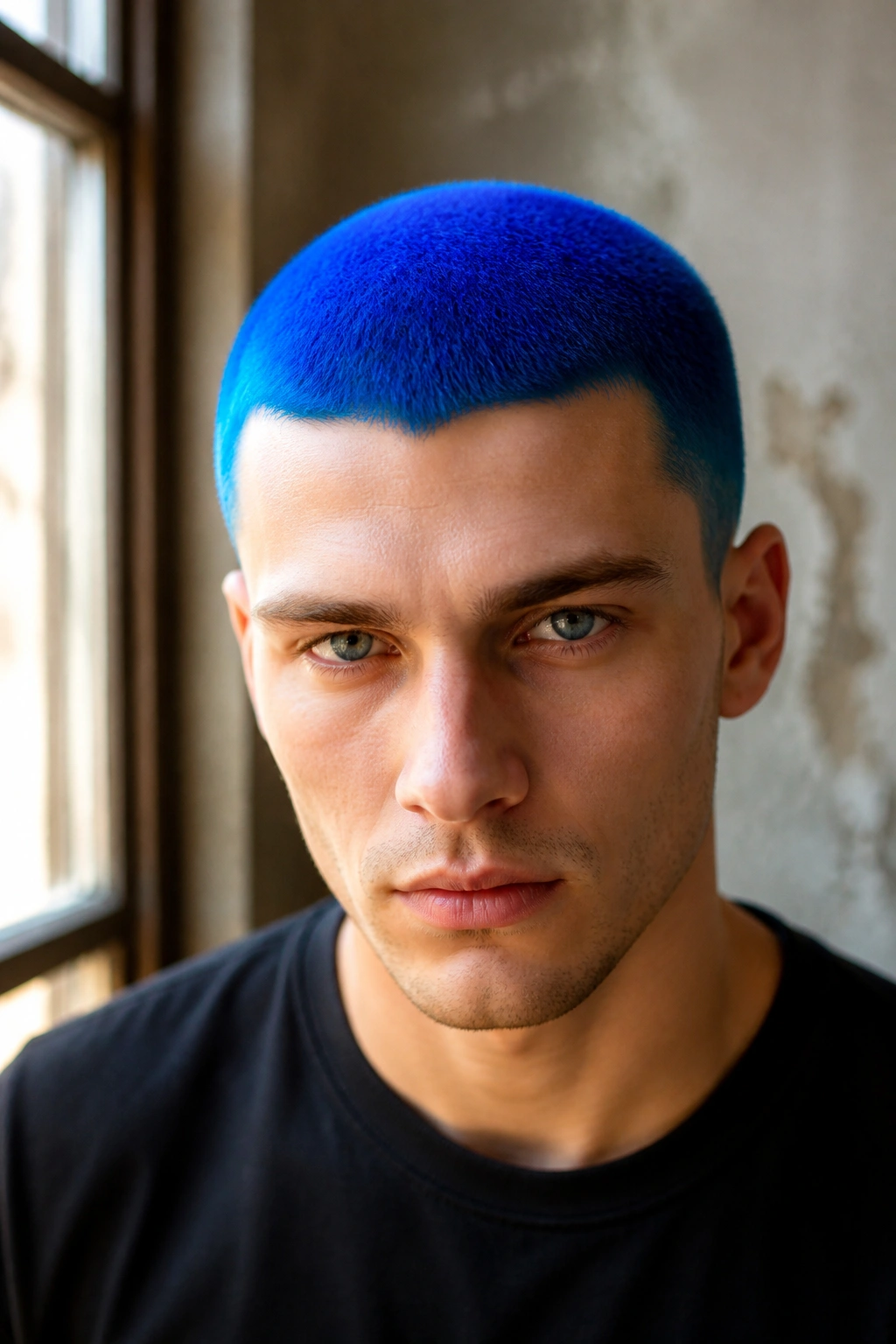 Close-up portrait of a real person with an electric blue dyed buzz cut under side lighting.