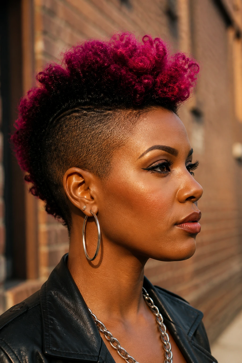 Close-up portrait of a real Black woman with dyed tips on the Mohawk