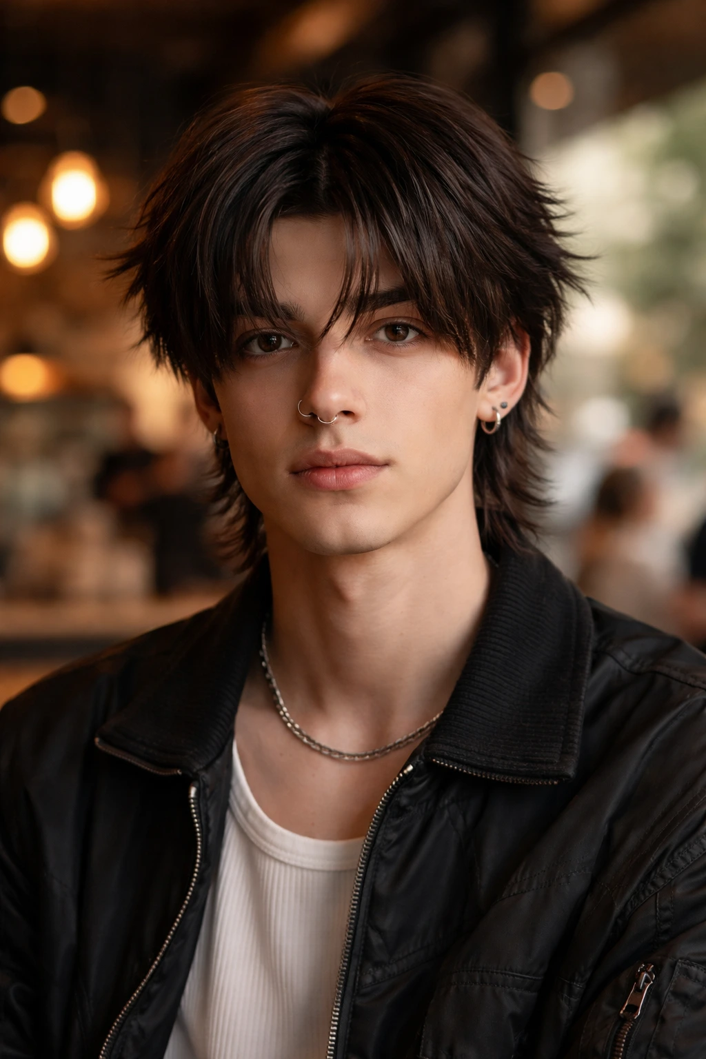 Portrait of person with modern e-boy wolf cut featuring curtain fringe and center part