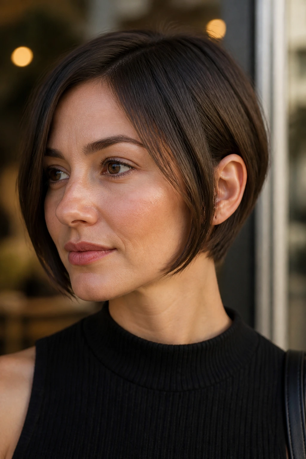 Real woman with sleek ear-grazing bob, close-up portrait