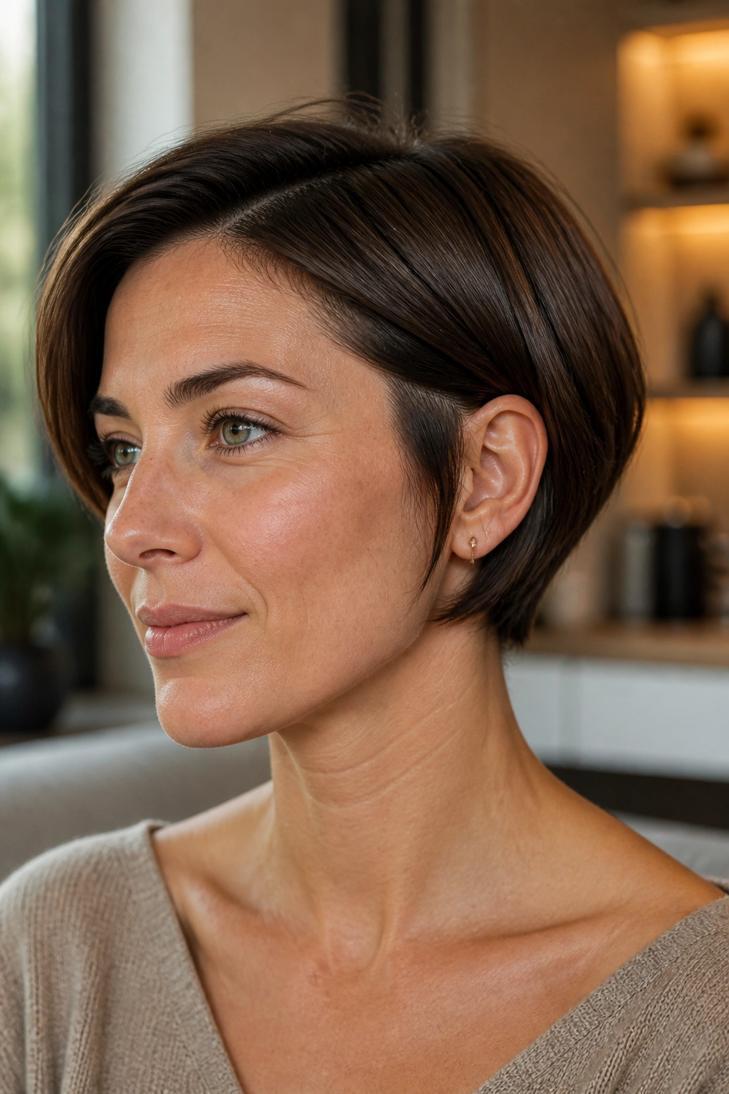 Real woman with ear-grazing bob and tapered sides