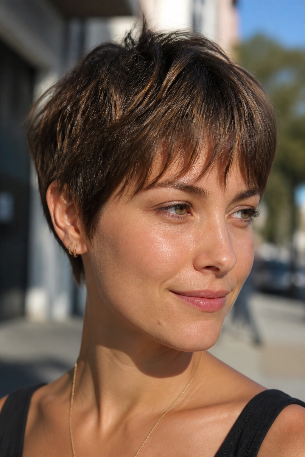 Profile close-up of a woman with an ear-grazing crop and piecey fringe