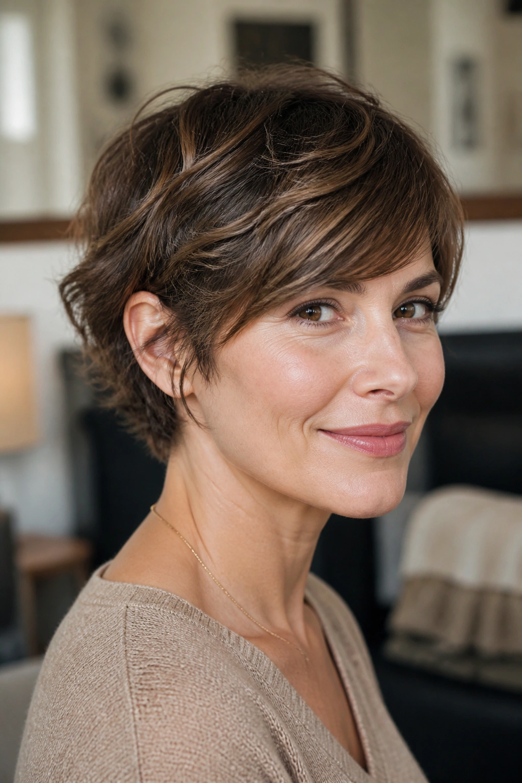 Close-up of a real woman with Ear-Grazing Crop With a Side-Swept Fringe
