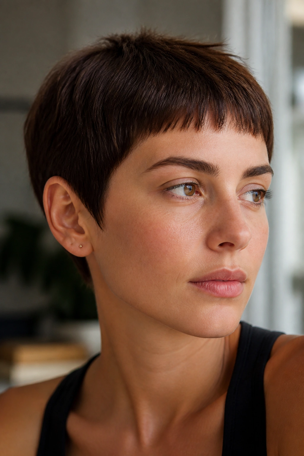 Close-up portrait of a real woman with an ear-grazing crop and micro fringe in natural window light