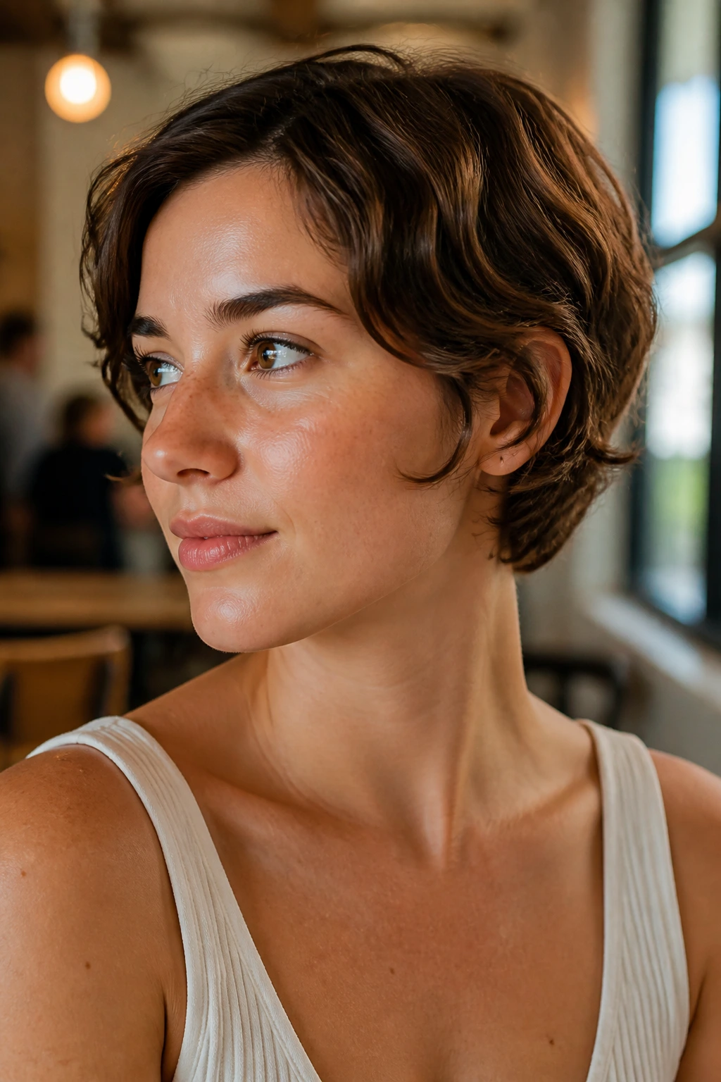 Close-up of a person with an ear-grazing crop showing tucked ends near the ears.