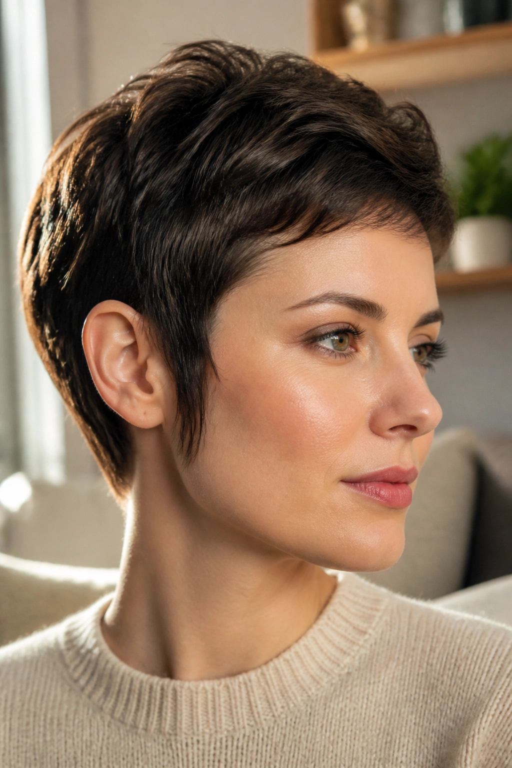 Close-up of a real person with ear-grazing pixie and long sideburns in a chic home setting