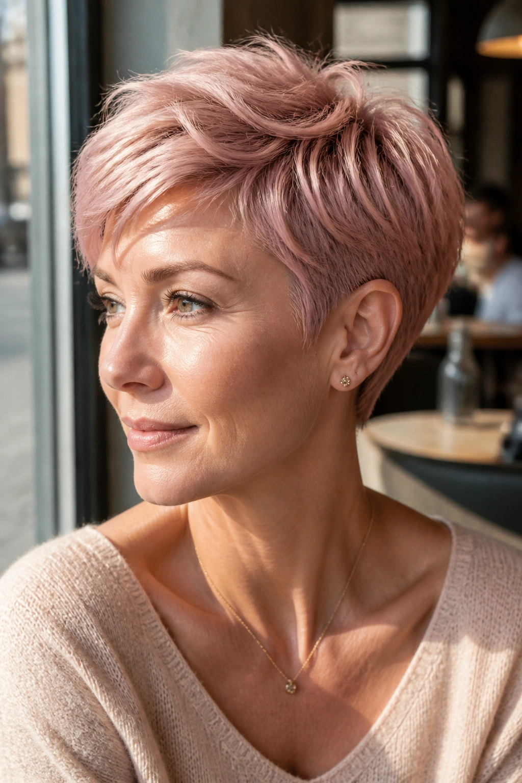 Portrait of a real woman wearing an ear-hugging rose pixie with ears clearly defined.