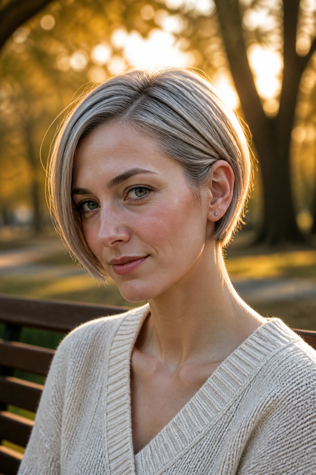 Portrait of a woman with ear-length tucked ash bob on park bench at golden hour