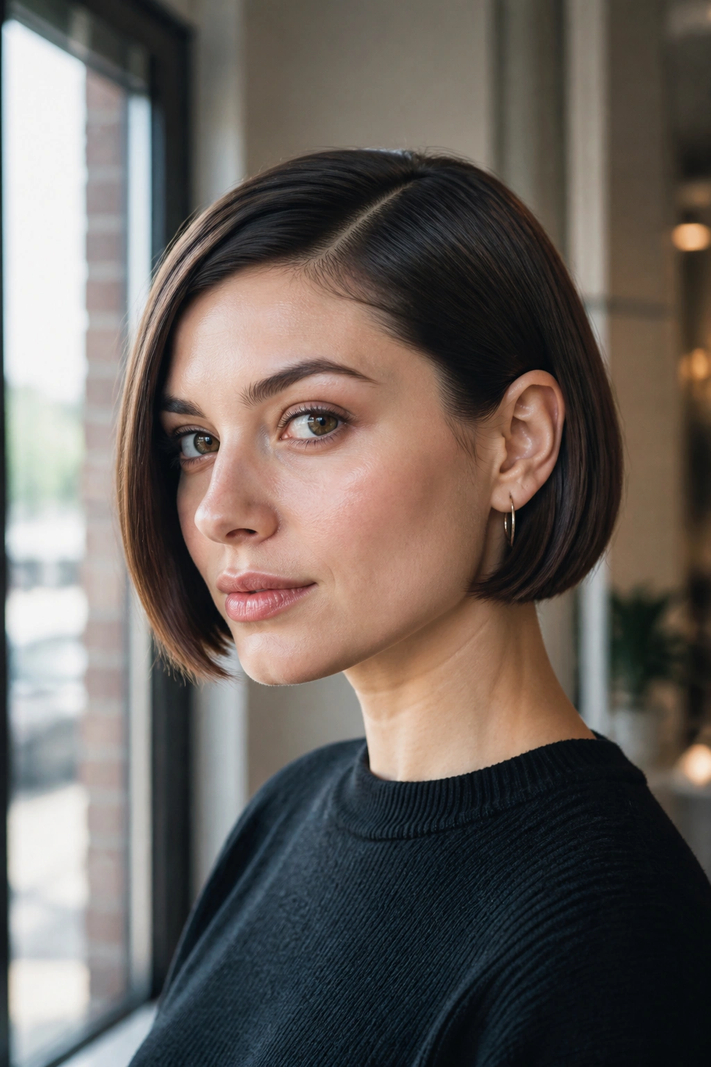 Close-up portrait of a real person with ear-length blunt crop and side part