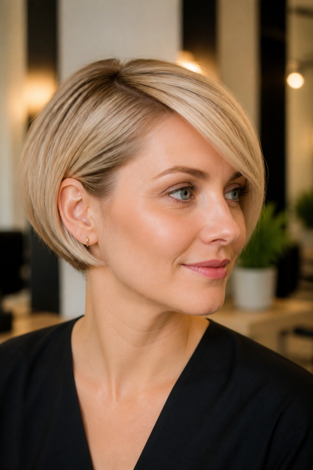 Portrait of a real woman with an ear-length bob and side sweep in a modern salon.