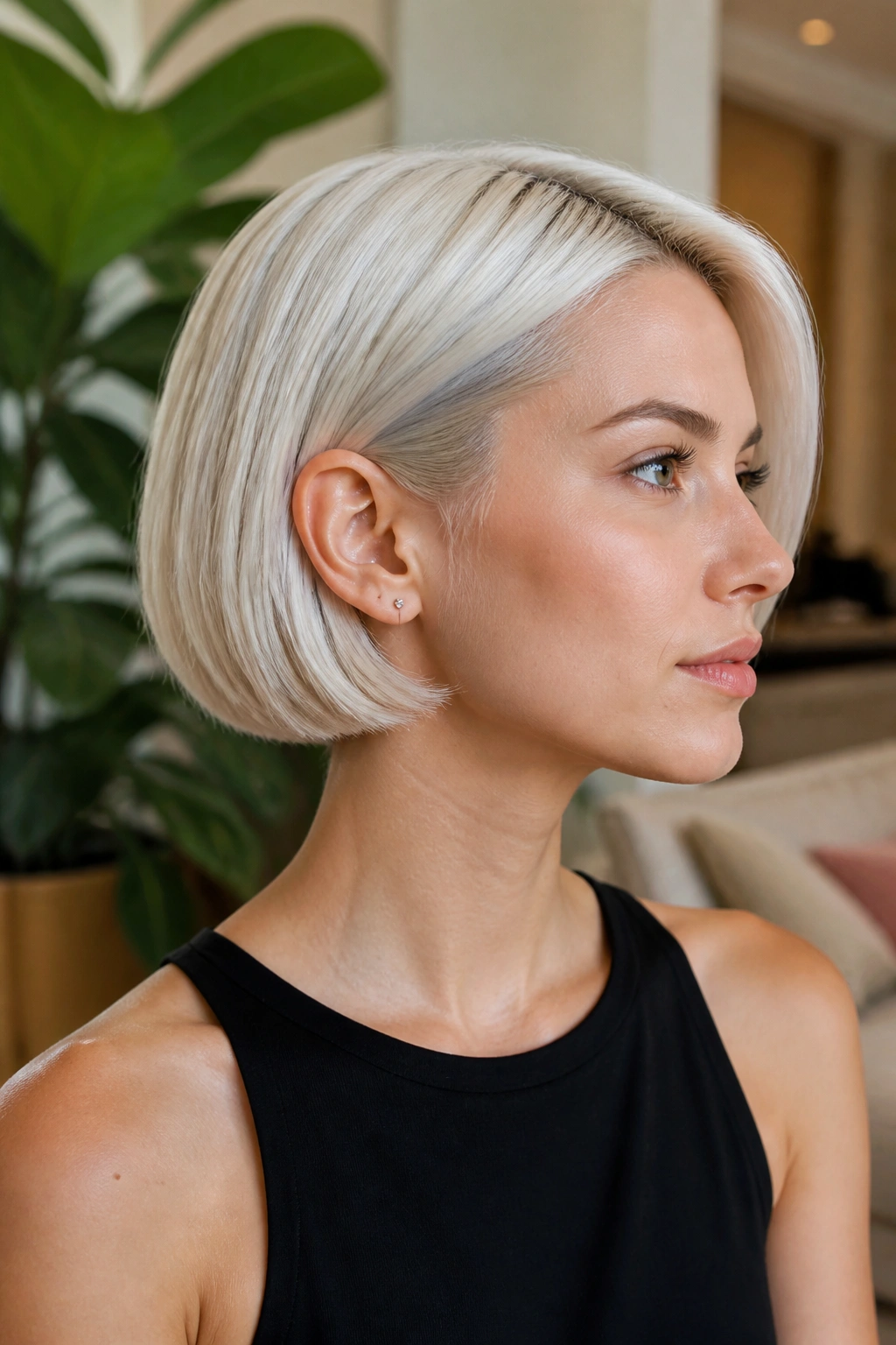 Real person with crisp ear-length bob in a bright living space