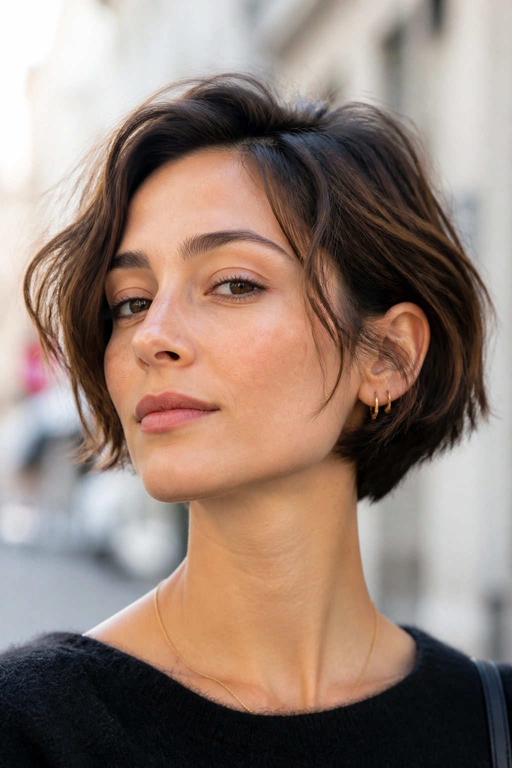Close-up of a real woman with an ear-length bob and grown-out texture in bright street lighting.
