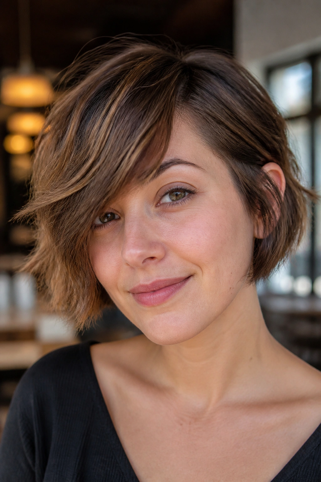 Close-up of real person with Ear-Length Bob and heavy side bang