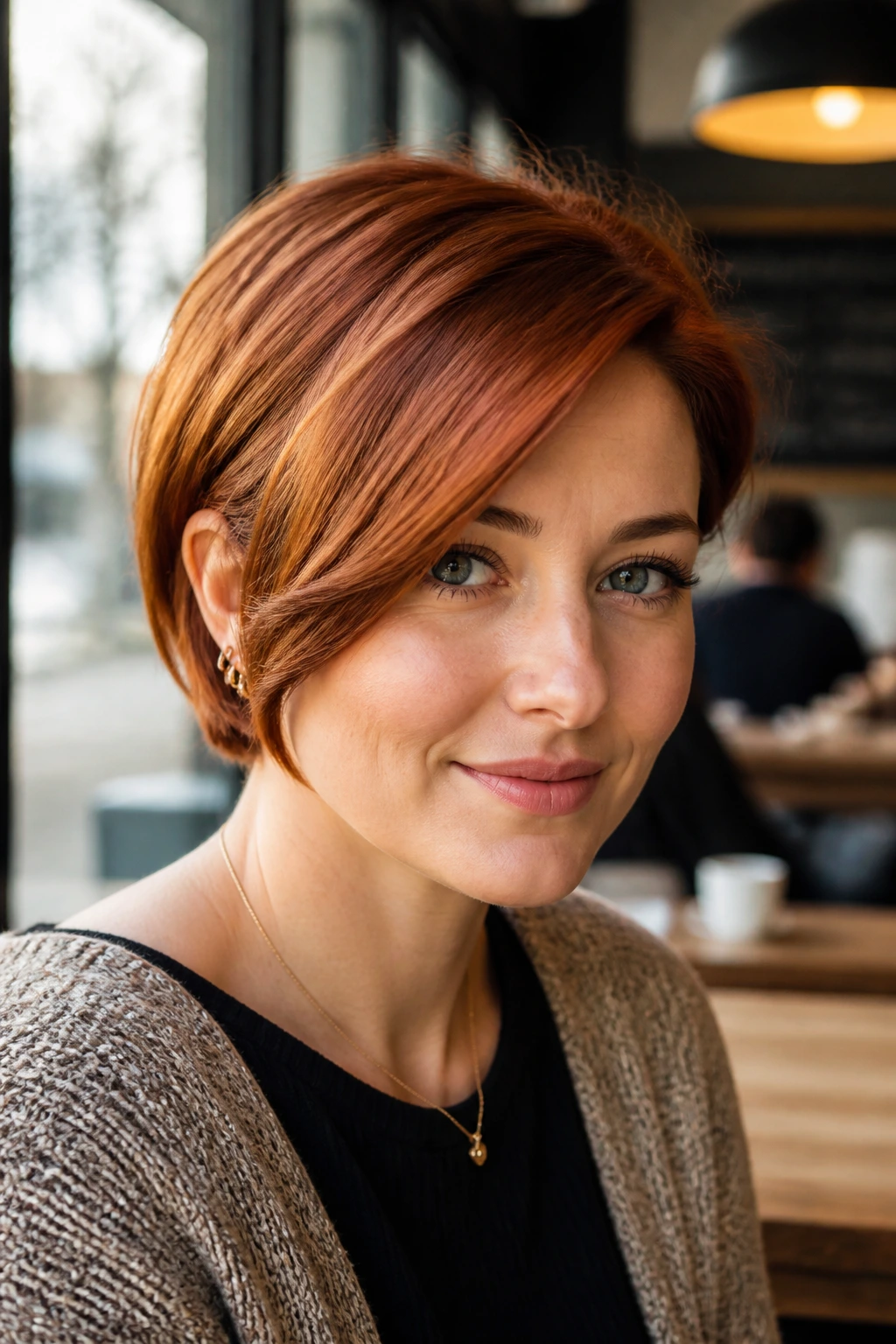 Close-up of a real woman with an ear-length red bob and side-swept fringe