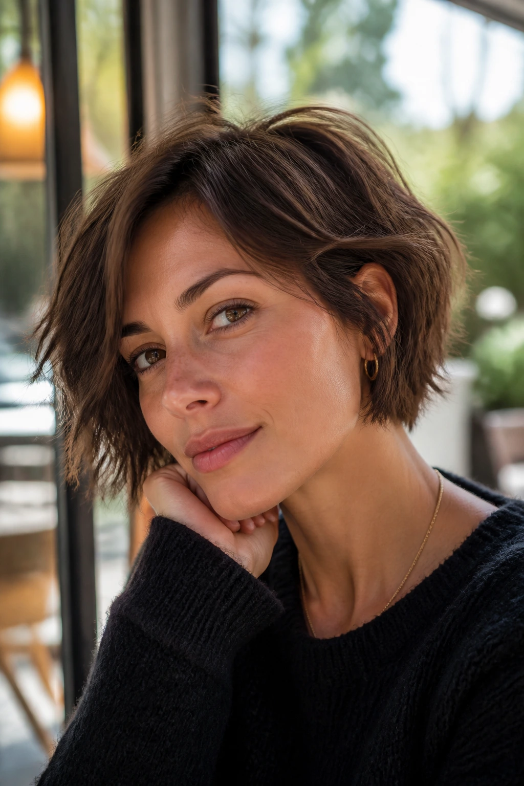 Close-up portrait of a real person with textured ear-length bob and side part