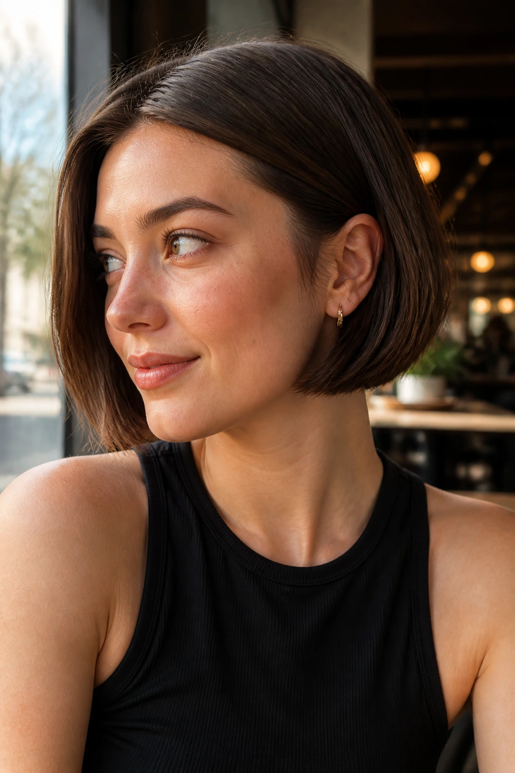 Close-up portrait of a real woman with ear-length bob and tuckable front pieces in natural light