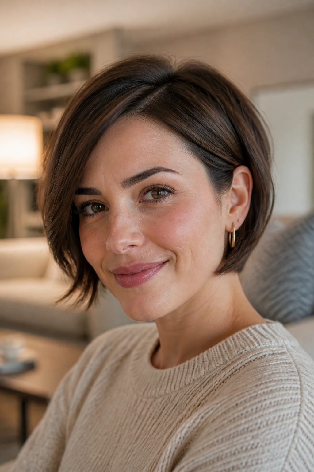 Portrait of a real woman with an ear-length bob tucked behind one ear.