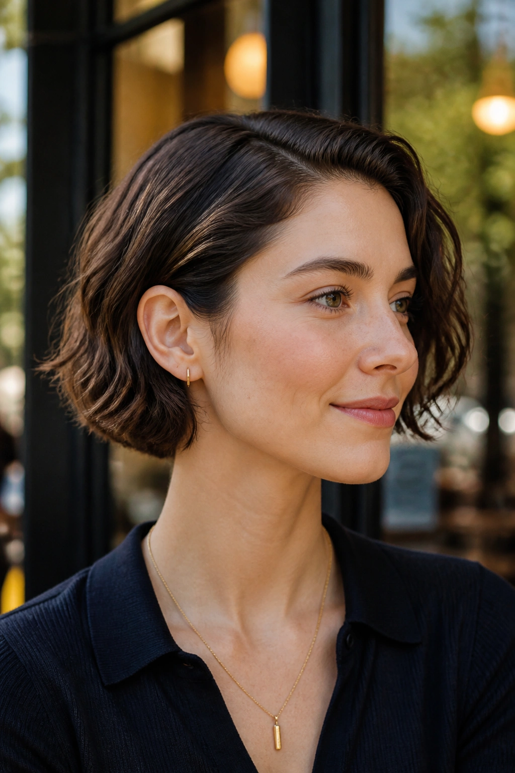 Real woman with ear-length tucked bob for wavy hair showing tuck behind the ear and soft texture.