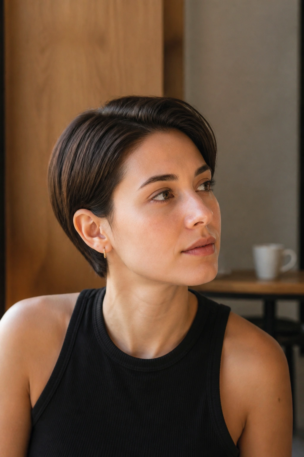 Close-up of a real person with an ear-length crop in a warm cafe setting