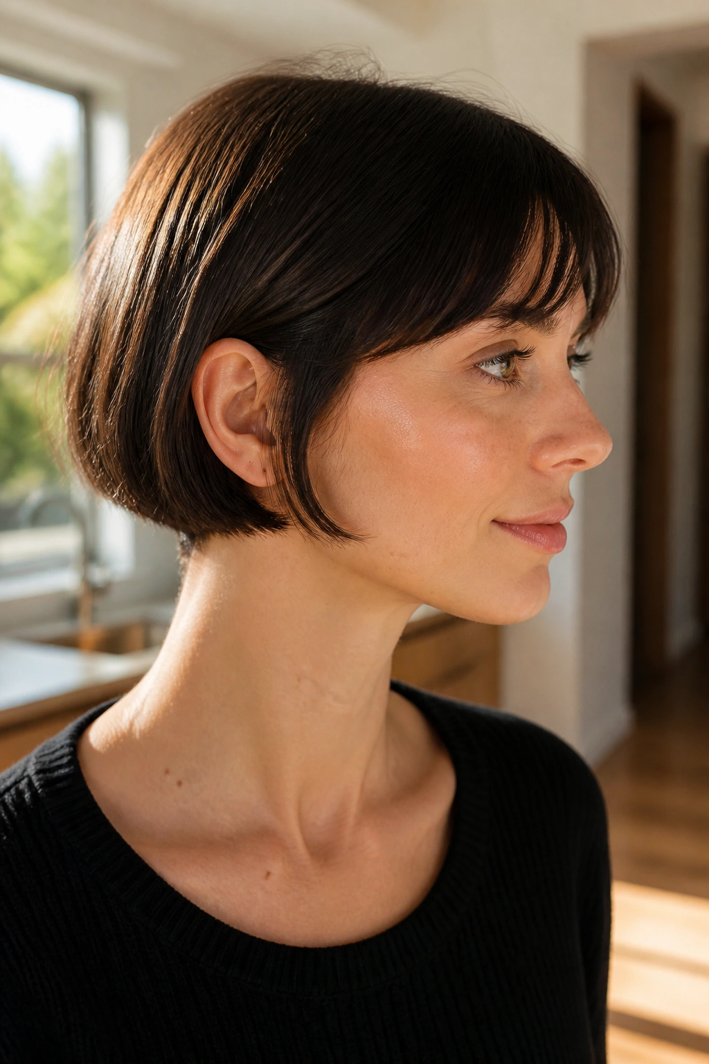 Real woman with ear-length crop French bob; blunt around ears.