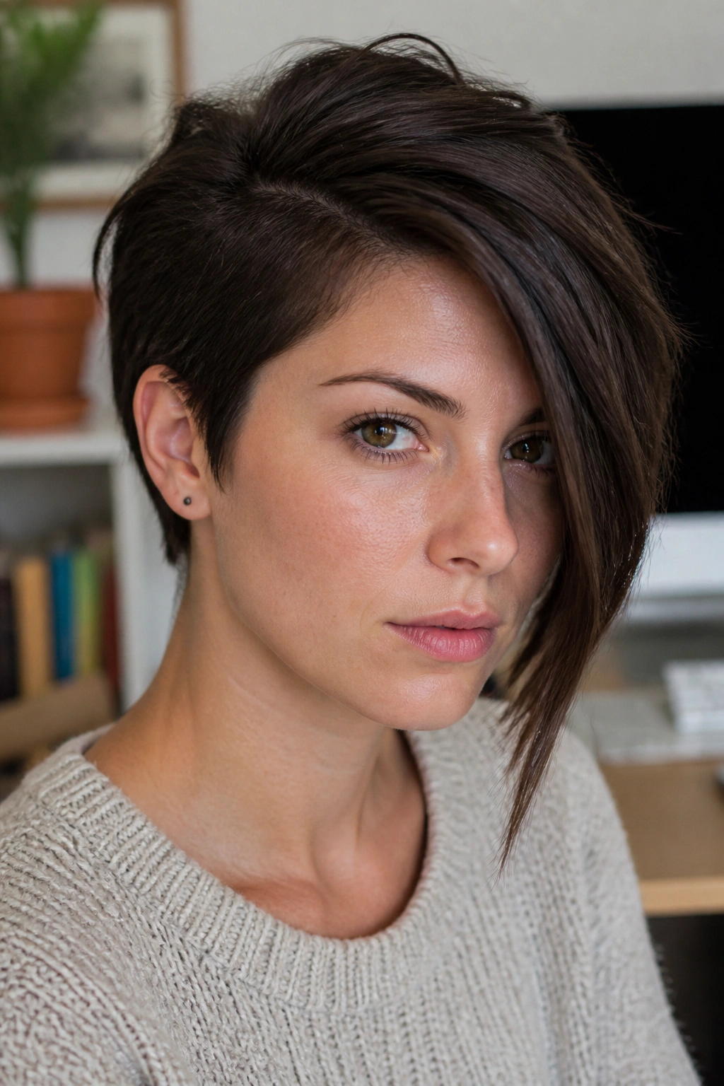 Real person with ear-length crop and long front corner