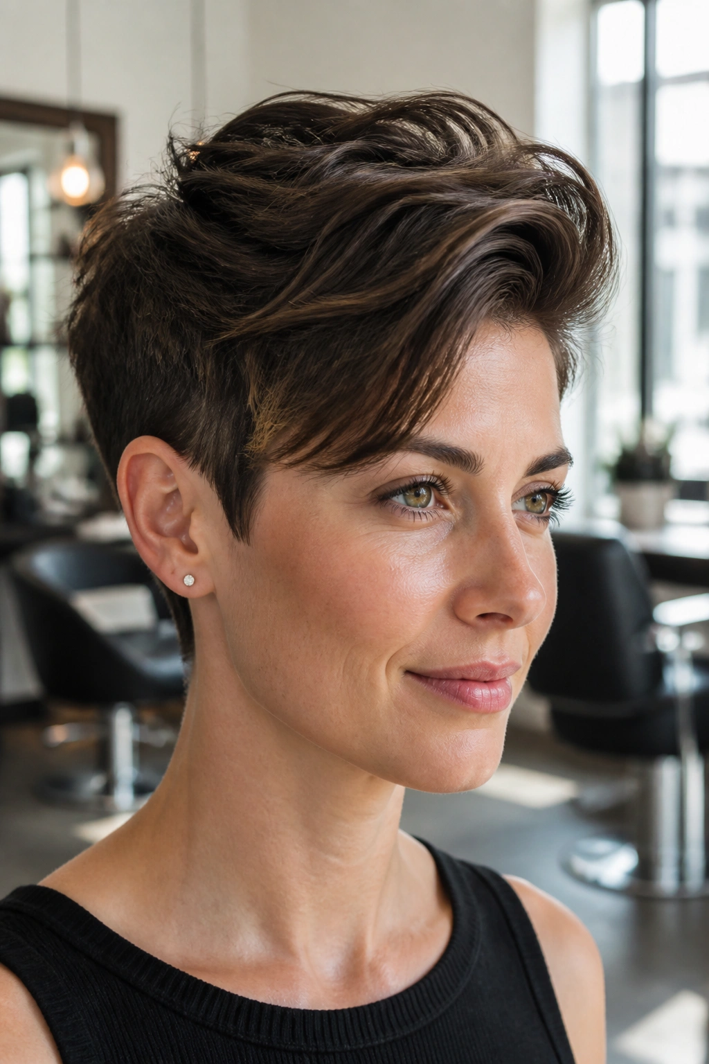 Close-up of a real woman with ear-length crop and long top in bright salon