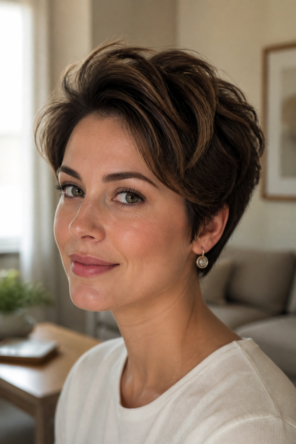 Real woman with ear-length crop, crown lift and neat nape