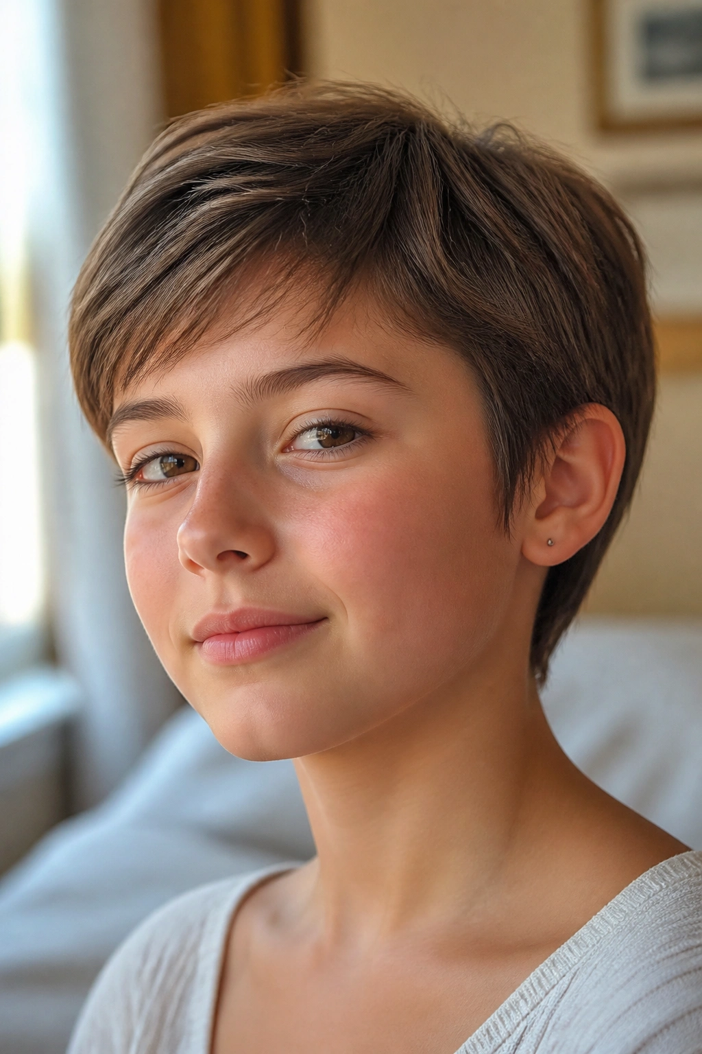 Close-up of a real girl with an ear-length crop hairstyle, ears exposed
