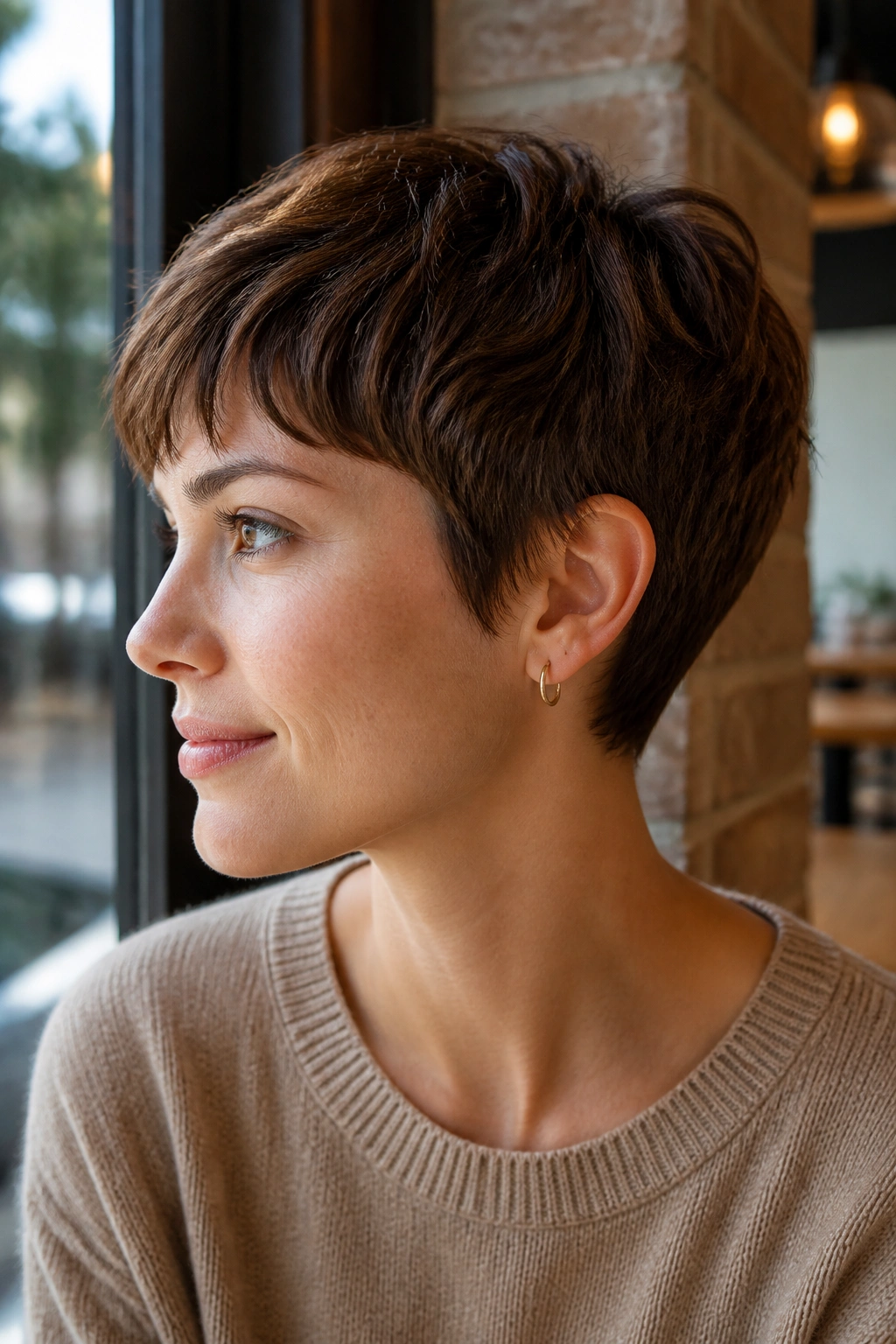 Close-up portrait of a real woman with an ear-length crop in a cozy cafe setting.