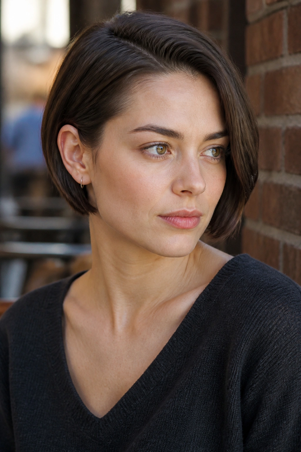 Close-up of an ear-length crop with a tucked side on a real person