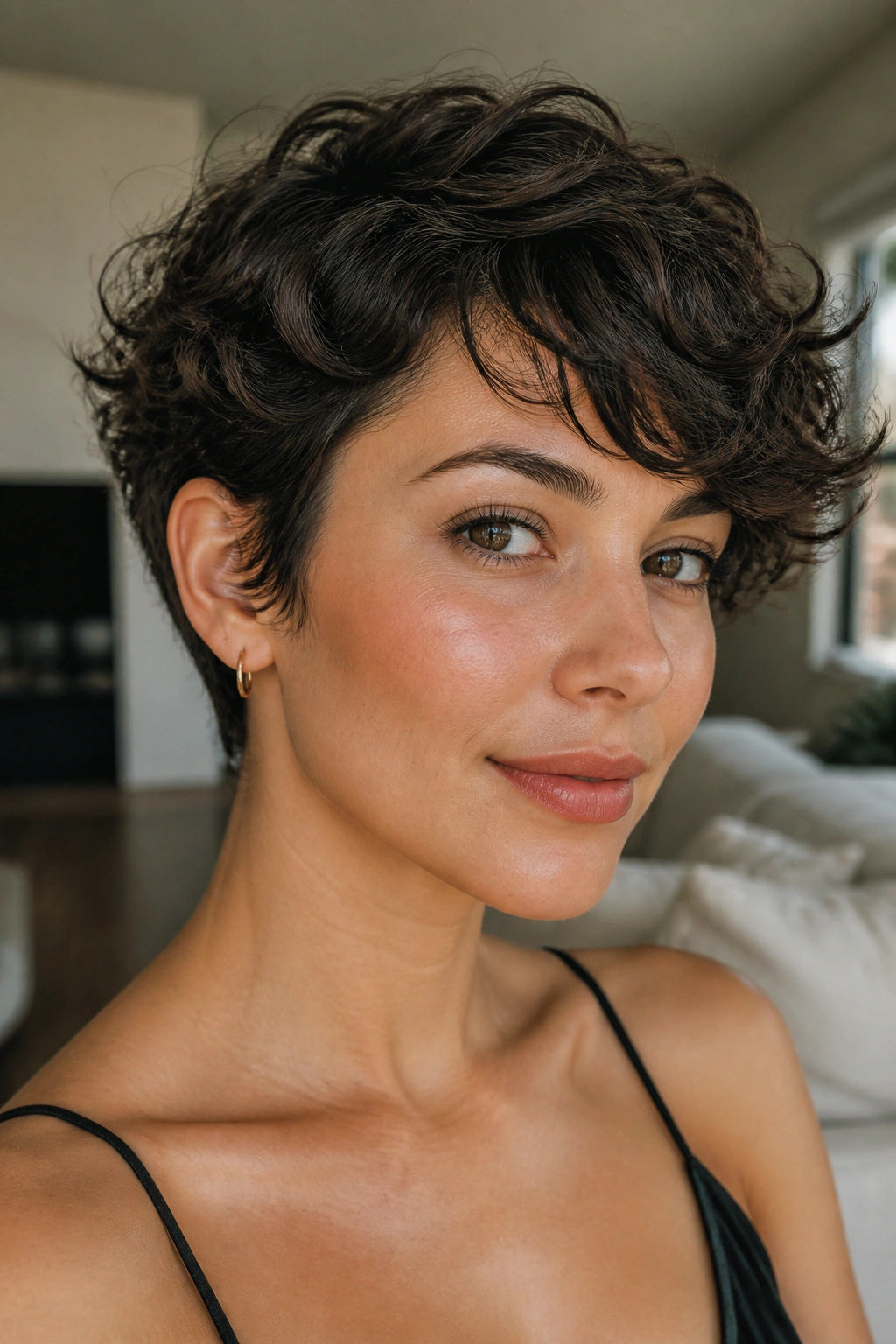 Close-up of a real person with ear-length crop and side-swept bangs