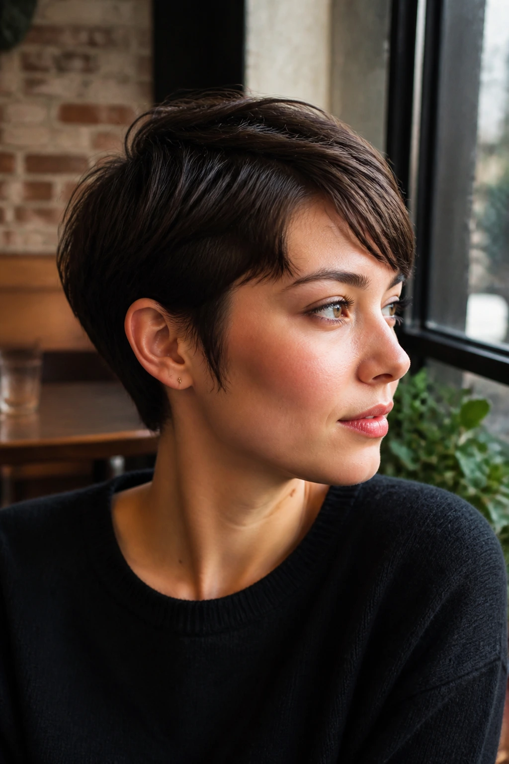 Real person with ear-length crop and soft sideburns in a close-up.