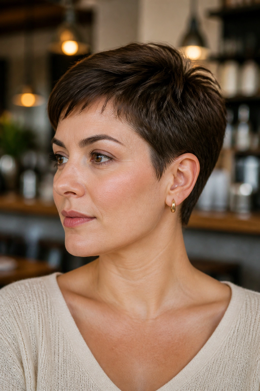 Close-up portrait of a real person with ear-length crop and tapered sides in cafe lighting.