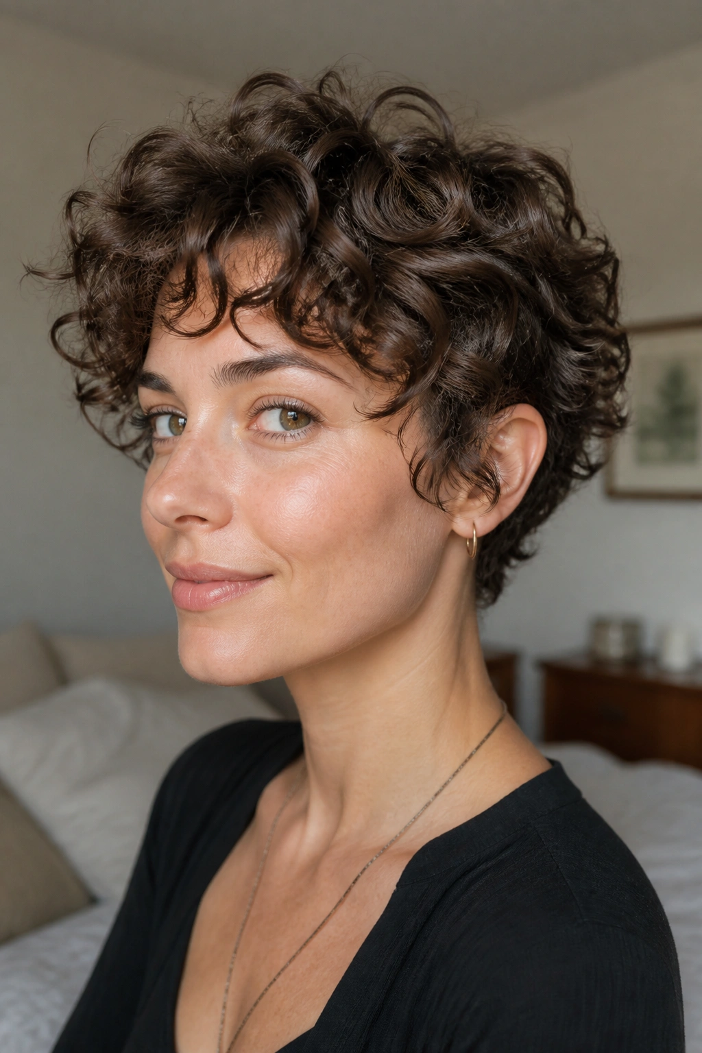Close-up of ear-length curly-wavy crop on a real woman with waves around the ears