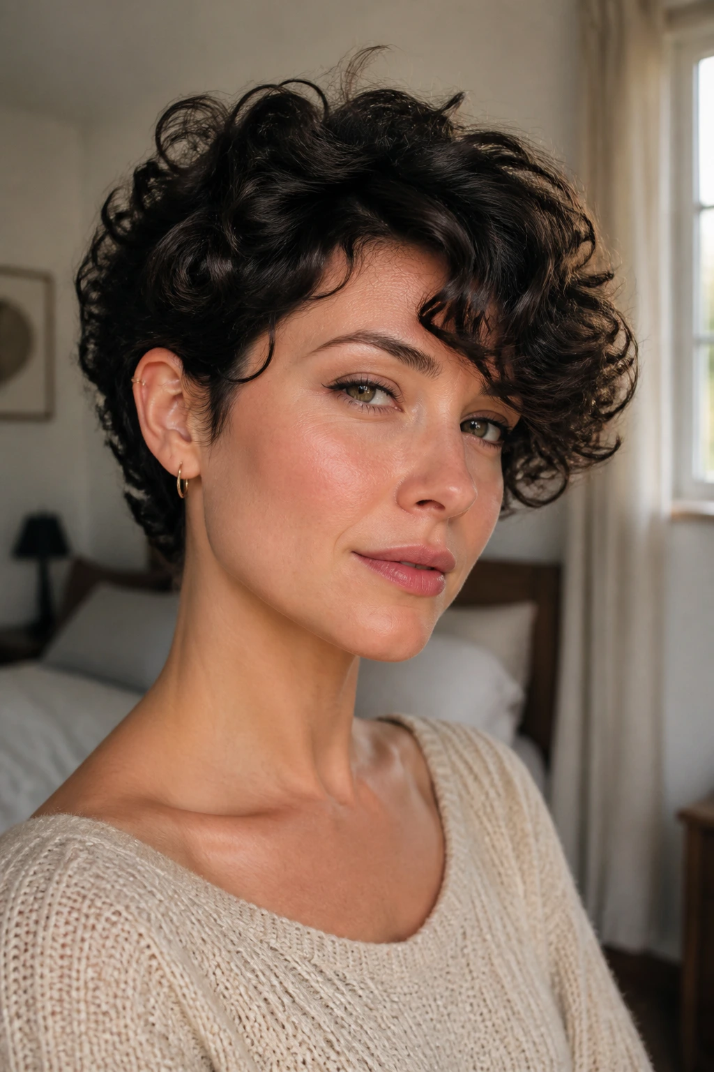 Close-up of a real woman with ear-length curls and a long fringe in natural window light.